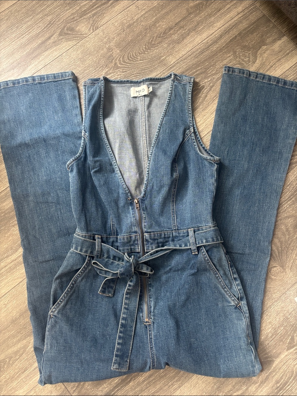 Sleeveless Denim Overalls Jumpsuit with Tie Waist - Blue